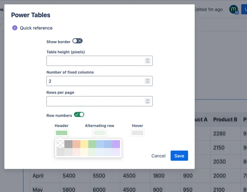 Power Tables configuration panel