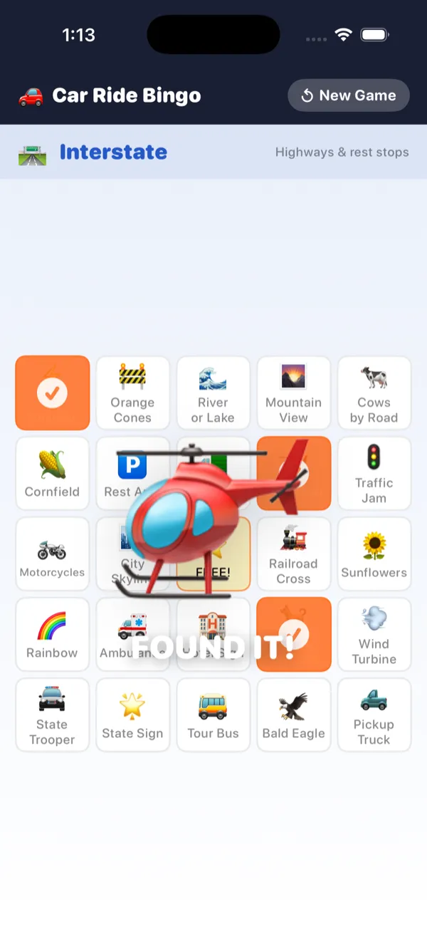 Interstate bingo board celebrating a found helicopter