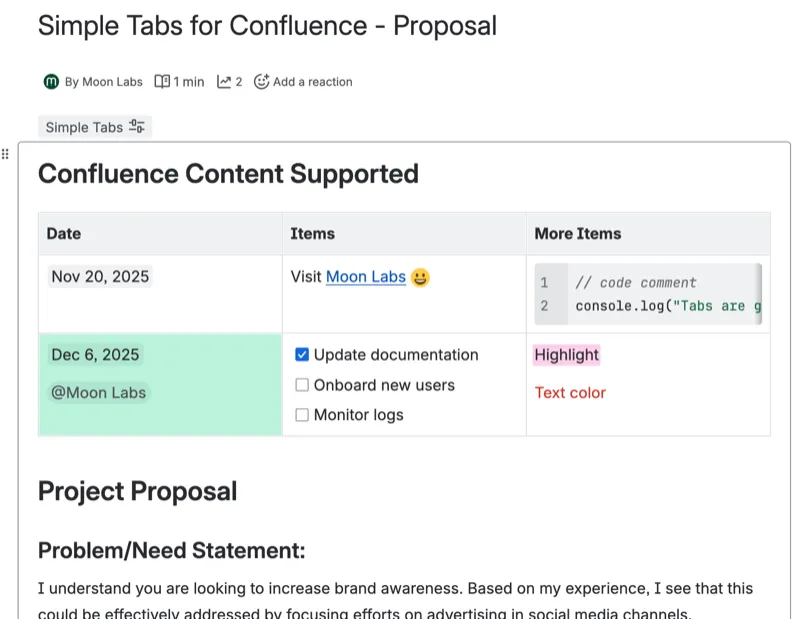 Editing the Simple Tabs macro in the Confluence editor