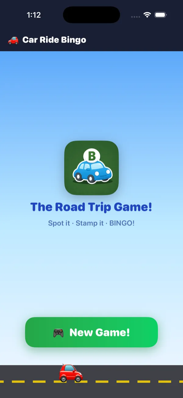 Car Ride Bingo start screen with a New Game button