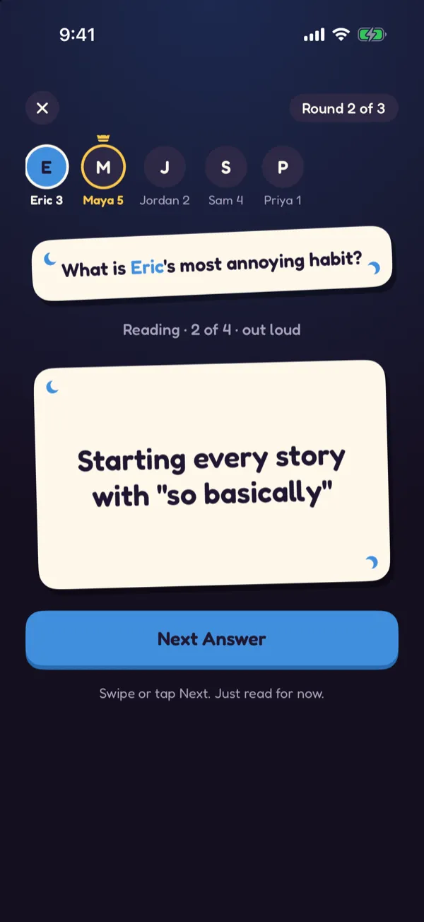 The Reader reading one answer card out loud