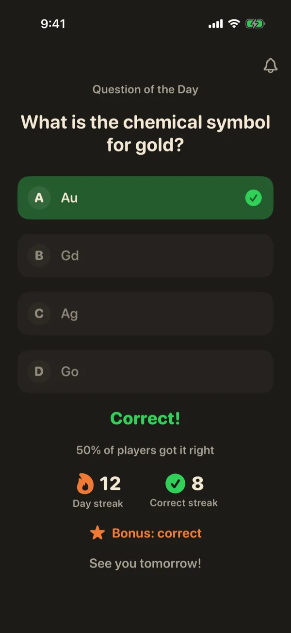 A finished day in dark mode with the bonus answered correctly